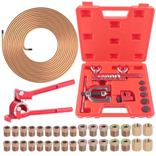1/4" Brake Line Repair Kit, Double & Single Brake Line Flaring Tool Kit + 25ft 1/4 Inch Copper Coated Brake Line with 32 Pcs Fittings(4 Unions Included) + Brake Line Bender - color: Gold, size: 0.25 Inch