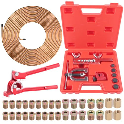1/4" Brake Line Repair Kit, Double & Single Brake Line Flaring Tool Kit + 25ft 1/4 Inch Copper Coated Brake Line with 32 Pcs Fittings(4 Unions Included) + Brake Line Bender - color: Gold, size: 0.25 Inch
