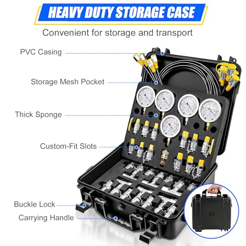 Hydraulic Pressure Test Kit with Storage Case | 5 Gauges 10-600 Bar/150-10000 PSI, 13 Couplings, 14 Connectors, 5 Hoses, Hydraulic Test Kit for Excavator & Construction