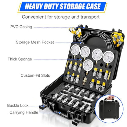 Hydraulic Pressure Test Kit with Storage Case | 5 Gauges 10-600 Bar/150-10000 PSI, 13 Couplings, 14 Connectors, 5 Hoses, Hydraulic Test Kit for Excavator & Construction