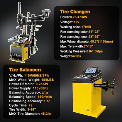 Tire Changer and Wheel Balancer Combo with Rear-Tilt System & Multiple Modes, 110V for 10-26" Rims, Complete Tire Service Package for Workshops