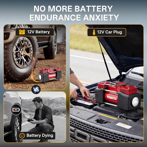 YUNGTEE Tire Inflator Heavy Duty Double Cylinders Direct Drive Inflation Pump,12V Portable Air Compressor Pump with Emergency LED Light - 150PSI Tire Pump,Apply to Car,SUV,RV - color: Red
