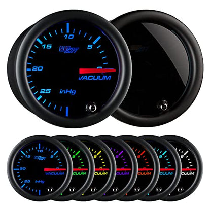 GlowShift Tinted 7 Color -30 inHg Vacuum Gauge Kit, 2-1/16" 52mm | Includes Mechanical Hose, T-Fitting & Wiring, Multi-Color Analog Display, Black Dial, Smoked Lens, For Car & Truck