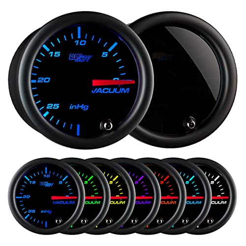 GlowShift Tinted 7 Color -30 inHg Vacuum Gauge Kit, 2-1/16" 52mm | Includes Mechanical Hose, T-Fitting & Wiring, Multi-Color Analog Display, Black Dial, Smoked Lens, For Car & Truck