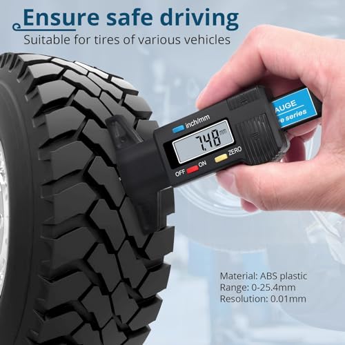 Tire Tread Depth Gauge Digital Tire Tread Depth Gauge 0-25.4mm Range,0.01mm Resolution,Large LCD Display,Handheld Easy Read Tire Depth Gauge for Cars,Trucks,Motorcycles
