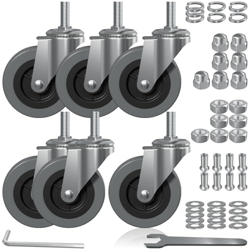 3 Inch Creeper Replacement Wheels 6 Pack Swivel Caster Wheel | Snap on cart Castor for Creeper Service Cart Stool Post Mount, M10x 1" Metric Threaded Stem Casters - style: Gray-No Brakes