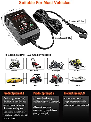 Suuwer Automatic Trickle Battery Charger, 6V&12V 1250mA Battery Maintainer. | for Car Motorcycle ATV Boat, With 12FT DC Cable