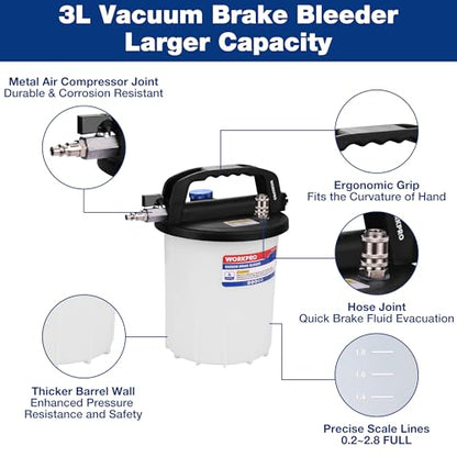 WORKPRO 3L Vacuum Brake Bleeder Kit, Pneumatic Brake Bleeder for One Person | 1L Brake Fluid Refill Bottle, 22 Adapters, Air Coupler & Gloves, Brake Bleeding Tool for Various Vehicles, Motorcycles