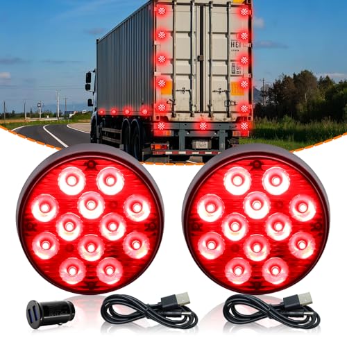 2PCS Magnetic Red Lights, Rechargeable Flashing Strobe Lights | Portable Battery Powered 12-LED Red Road Flares Emergency Warning Beacon Light for Trucks Vehicle, Wireless Strobe Light - color: Red-Round Shape