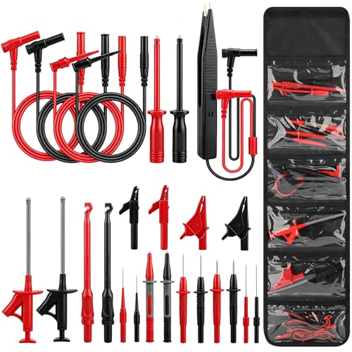 Linkstyle 25PCS Silicone Multimeter Test Leads Kit: Replaceable Wire Piercing Probes, Test Hook Clips, Alligator Clips, Testing Tweezer for Digital Electrical Multimeter Testing - color: 25PCS: Red+Black