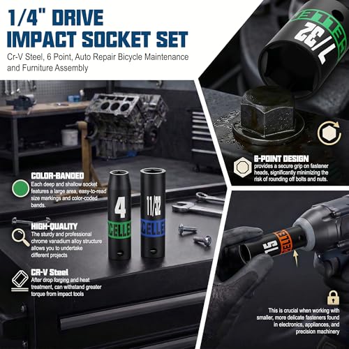 1/4" Drive Impact Socket Set, 50-Piece Standard SAE (5/32" - 9/16") and Metric (4 mm - 15 mm) Size, Deep and Shallow Sockets, 6 Point, Auto Repair Bicycle Maintenance and Furniture Assembly - size: 1/4 Inch Metric/SAE
