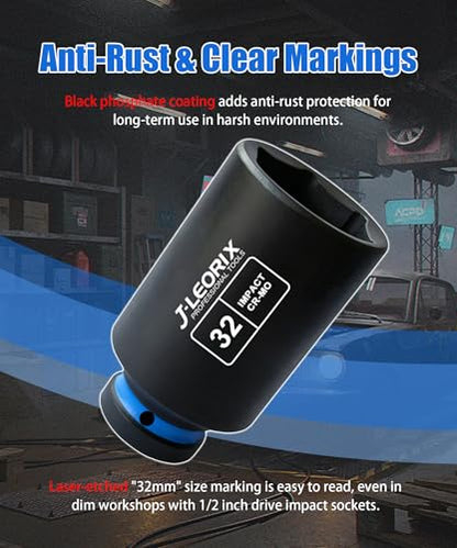 32mm Deep Impact Socket 1/2" Drive CR-MO Steel 6-Point | CR-MO steel impact socket set. 1/2" drive, 6-point design. Deep reach for lug nuts & axle nuts. - size: 32mm