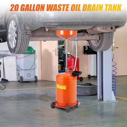 20 Gallon Waste Oil Drain Tank, Portable Air Operated Drainer With Adjustable Funnel Height 38"-65", Portable Oil Drain Container,15" Funnel Fluid Fuel Transfer Drainage With 360° Wheels & Toolbox - color: Orange