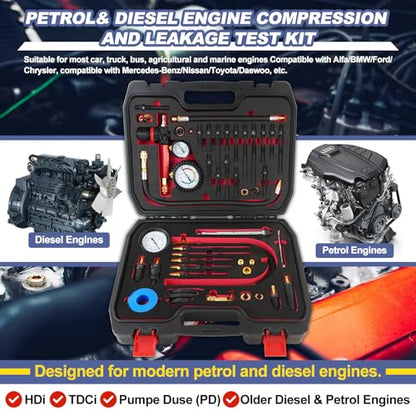 46PCS Engine Compression Testers, Petrol Diesel Cylinder Leak Down | Compression and Leakage Test Kit, Dual Gauge Engine Compression Tester Kit for HDi, TDCi, Pumpe Duse Engine