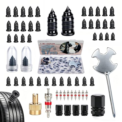 57 PCS 3 in 1 Tire Repair Screws Tire Plug Kit Valve Stem Tool Dust Caps | Roadside Emergency Flat Tire Repair, Fast Self-Service Tool Tire Plugs Valve Stem Tool Dust Caps, For Car Motorcycle Truck - size: 57 PCS