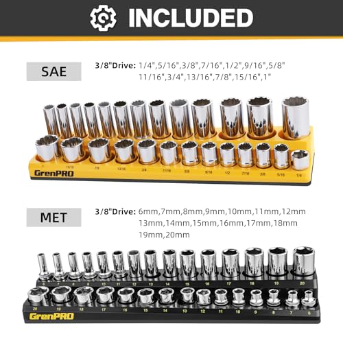 Socket Organizer, GRENPRO Socket Holder Set, 2 Piece SAE & Metric Socket Trays Includes 3/8" Drive Holds 52 Sockets - style: 2-Piece Magnetic Socket Holder 3/8"