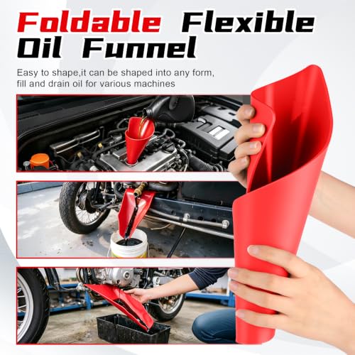JUSTTOP Flexible Oil Funnel,Reused Flexible Foldable Oil Drain Funnel,Form a Funnel Flexible Draining Tool for Most Cars, Trucks, Motorcycles,Soft Silicone Material,Easy to Clean(Red) - size: Silicone-Red