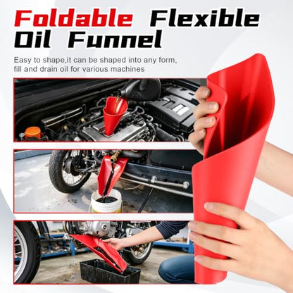 JUSTTOP Flexible Oil Funnel,Reused Flexible Foldable Oil Drain Funnel,Form a Funnel Flexible Draining Tool for Most Cars, Trucks, Motorcycles,Soft Silicone Material,Easy to Clean(Red) - size: Silicone-Red