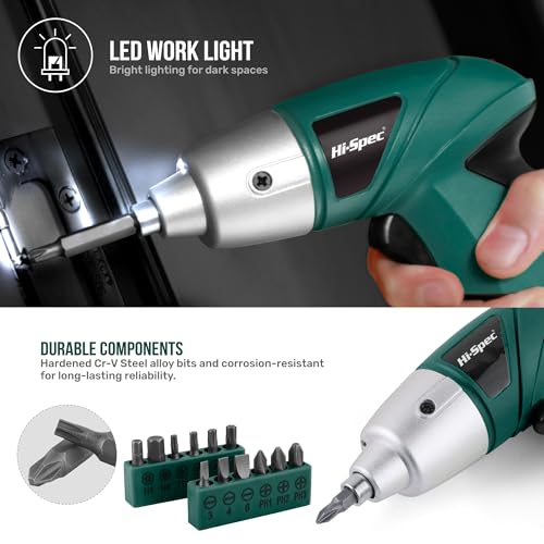 Hi-Spec 3.6V Cordless Electric Screwdriver Set with Interchangeable Bits, Green - color: Green