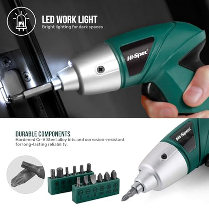 Hi-Spec 3.6V Cordless Electric Screwdriver Set with Interchangeable Bits, Green - color: Green