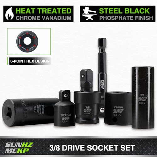SUNHZMCKP 3/8" Drive Impact Socket Set, 52 Pcs Standard SAE (5/16-3/4 inch) and Metric (8-22mm) Shallow & Deep 6 Point Sockets, 3/8-In Ratchet Handle, Extension Bars, Adapters, Universal Joint, CR-V - size: 52-Pc 3/8" Drive Impact Socket Set