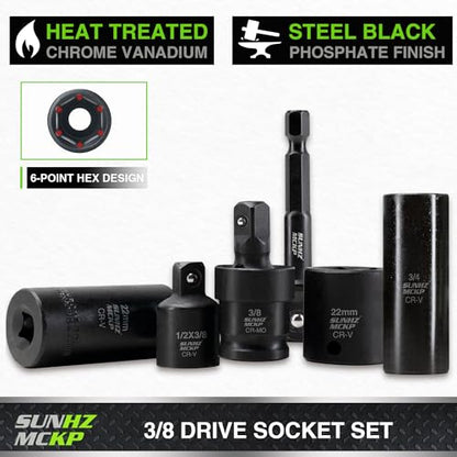 SUNHZMCKP 3/8" Drive Impact Socket Set, 52 Pcs Standard SAE (5/16-3/4 inch) and Metric (8-22mm) Shallow & Deep 6 Point Sockets, 3/8-In Ratchet Handle, Extension Bars, Adapters, Universal Joint, CR-V - size: 52-Pc 3/8" Drive Impact Socket Set