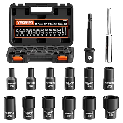 14 Pieces 1/2inch Tap Extractors, Impact Twist Lug Nut Removal Tool, Stripped For Damaged, Frozen, Studs, Rusted, Rounded-Off Bolts, Nuts & Screws, Cr-Mo - size: 14-Piece Twist Socket Set