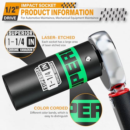 1/2" Drive Impact Socket, 1-1/4 inch Deep Socket, SAE, 6 Point, CR-V, for Car Repair, Loosen the Fastening Nut - size: 1/2" Drive 1-1/4 Inch Deep