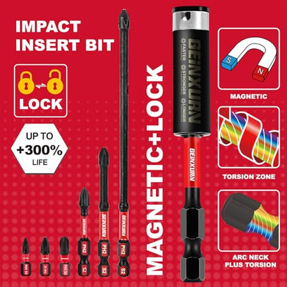 Geinxurn Impact Tough Mixed #1#2#3 Phillips D2 Steel Long Extension Insert Driver Bits, 41Pack 1/4 Inch Hex Shank Long Cross Magnetic PH1/PH2/PH3 Screwdriver Bits Set with 1Pcs Magnetic Bit Holder - size: MIXED-PHD2-41PCS