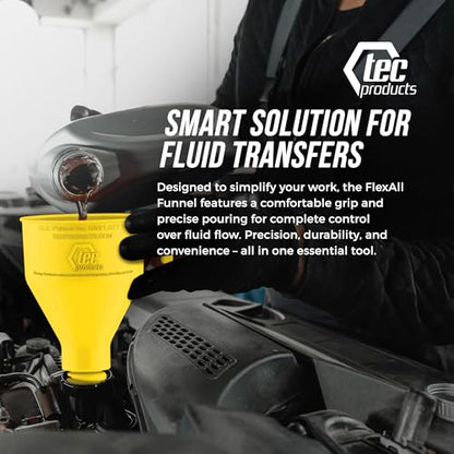 TEC Products FlexAll Long Flexible Funnels - Automotive Oil Funnel with Hose, Durable Nitrile Rubber for Oil Change, Transmission Funnel Fluid, Diesel, Fuel, Gas - Made in USA - Yellow (12 x 4 Inches) - color: Yellow, size: Small