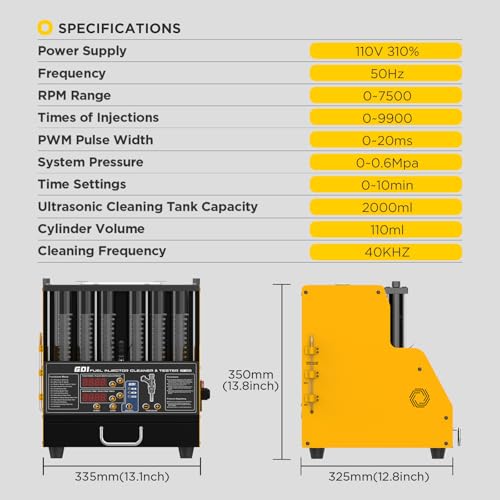 CT400 Fuel Injector Cleaner Tester Machine for GDI EFI FSI PIEZO Gasoline Injectors, 6-Injector Ultrasonic Cleaning and Testing Machine, 12/70/120V Injector Drive, 12 Functions, 110V