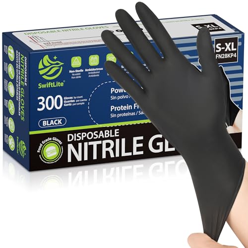 SWIFTLITE Black Nitrile Gloves, Food Safe Disposable Gloves Latex Free, Rubber Gloves Powder Free for Cooking, Kitchen Clean - color: 06-black(medium 300)