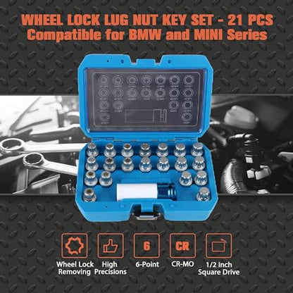 21PCS Wheel Lock Removal Kit, BMW Wheel Lock Key Automotive Wheel Anti-Theft Lock Lug Nut Screw Remover Key Socket Tool Set with 1/2 inch (12.7mm) Socket Adapter Compatible for BMW & Mini Series