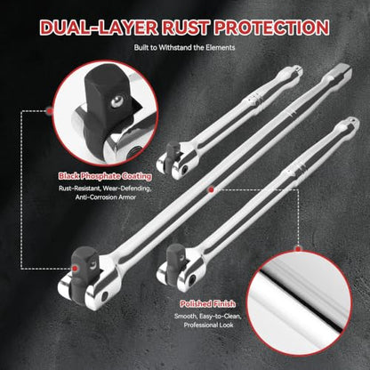 10PC Breaker Bar Set, Dual-end 3 Extension Bars, 3/8", 1/2" 1/4" Drive | 3/8", 1/2" and 1/4" Drive, 180° Rotatable Head, 6'', 10'', 15'' Length, 3 Extension Bars, Organizer Case - style: Dual-ended