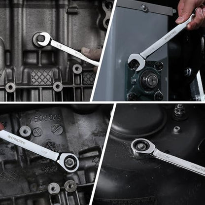 WORKPRO Ratcheting Wrench Set, SAE, 7-piece Ratcheting Combination Wrench Set, 5/16'', 3/8'', 7/16'', 1/2'', 9/16'', 5/8'', 18/16'', 12-Point, CR-V Steel, with Organizer Rack - size: 7-piece, style: SAE