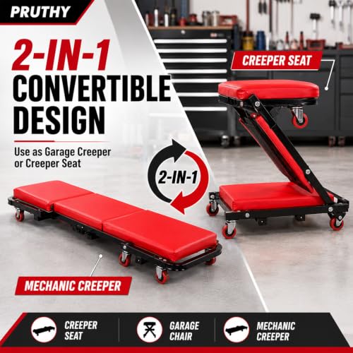 Mechanic Creeper Folding 2-in-1 Rolling Seat All-in-One Adjustable Roller Garage Creepers Automotive, Lay Down or Sit, Car Roller Creeper with 6 Swivel Casters - color: Creeper 2-in-1
