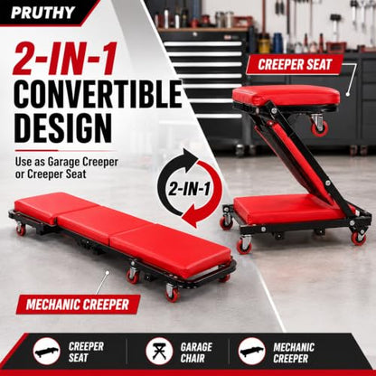 Mechanic Creeper Folding 2-in-1 Rolling Seat All-in-One Adjustable Roller Garage Creepers Automotive, Lay Down or Sit, Car Roller Creeper with 6 Swivel Casters - color: Creeper 2-in-1