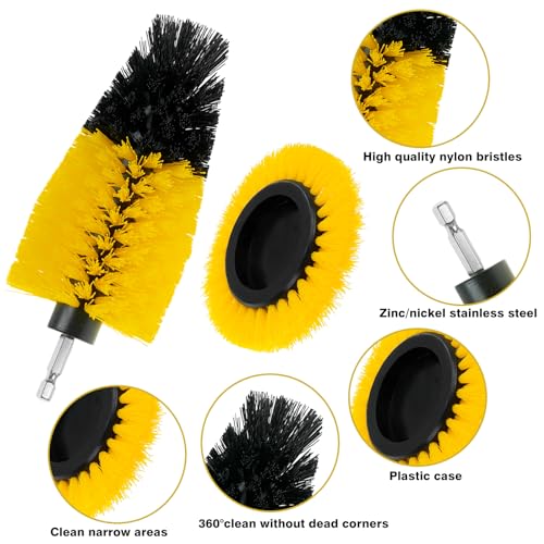 8 Pcs Drill Brush Attachment Set - Power Scrub Brush Kit | Brush Drill with Extend Long Attachmen - All Purpose Household Cleaning Brushes for Car, Grout, Floor, Tub, Bathroom - color: Yellow