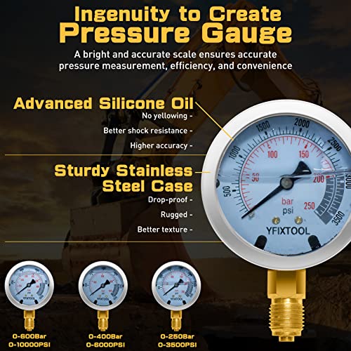 Hydraulic Pressure Test Kit 250/400/600bar, Hydraulic Test Gauge Kit with 6 Couplings, 3 Test Hoses, 3 Pressure Gauges - size: 13PCS - 3Guages