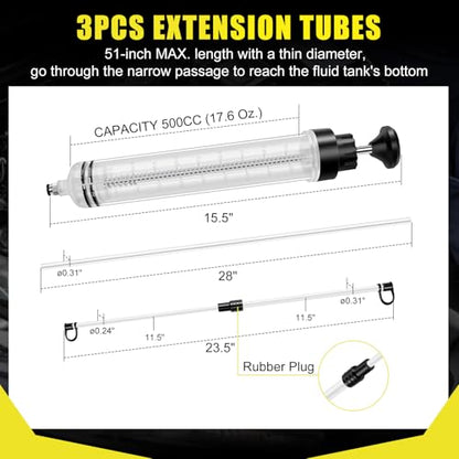 JIFETOR 500CC Automotive Fluid Extractor Fill Hand Pump Oil Change Syringe | Manual Liquid Transfer Tool with Total 51" Hose and Extension Tubes, for ATF Coolant Power Steering Fluid Gear Oil Engine Oil