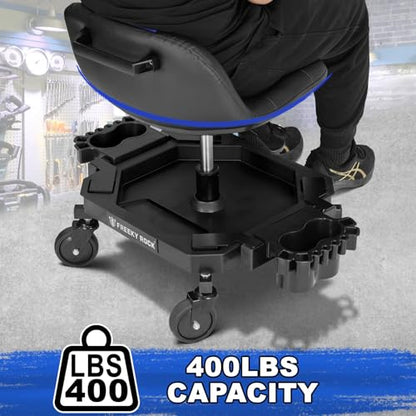 Rolling Stool with Wheels, Adjustable Height Pneumatic Garage Work Mechanic Stool Seat with Backrest, 400 LBS Capacity 360° Swivel Mechanic Crepper Chair with Tool Tray Storage, Blue - color: Carbon Fiber Blue