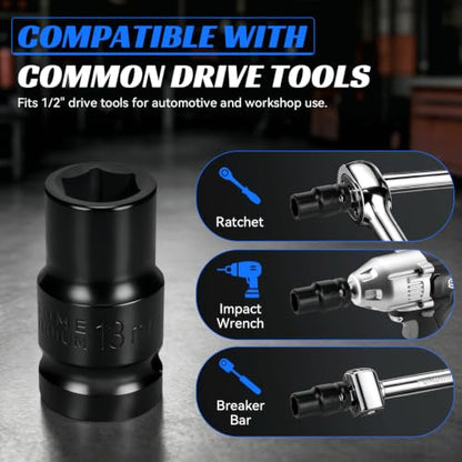 2PCS 13mm Impact Socket 1/2" Drive, 6 Point Metric Shallow Socket, CR-V Steel Heavy Duty Impact Wrench Socket for Automotive Repair - size: 13mm