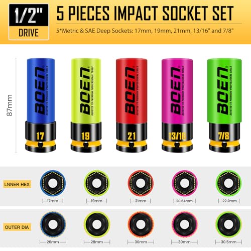 BOEN 1/2" Drive Impact Lug Nut Socket Set, 5 Pieces Non-Marring Thin Wall Wheel Protector Nut Socket, Metric (17, 19, 21mm) & SAE (13/16", 7/8"), Color-Coded and Painted Size Markings, CR-MO Steel
