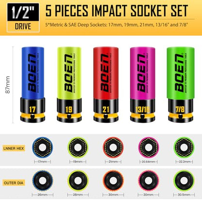 BOEN 1/2" Drive Impact Lug Nut Socket Set, 5 Pieces Non-Marring Thin Wall Wheel Protector Nut Socket, Metric (17, 19, 21mm) & SAE (13/16", 7/8"), Color-Coded and Painted Size Markings, CR-MO Steel