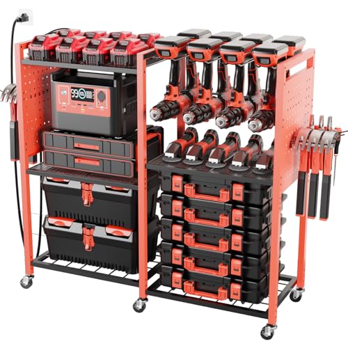 Heavy-Duty Power Tools Organizer Cart with Charging Power Strip, 6-Tier Rolling Utility Cart with 8 Hooks and 6 Load-Bearing Wheels, Garage Tool Storage Rack for Workshop for Men - color: Red