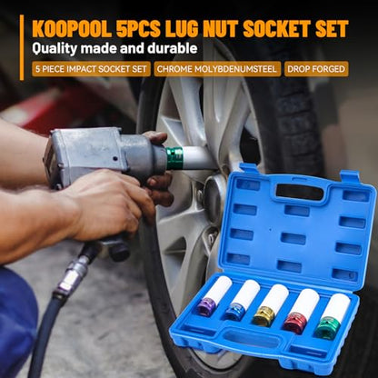 KOOPOOL 1/2" 5-Pc Lug Nut Socket Set 15-22mm Thin Wall w/Sleeve | 5-pc metric 15-22mm lug nut socket set. Non-scratch nylon sleeve. Cr-Mo steel, color electroplate. Thin wall, color-coded - color: Blue