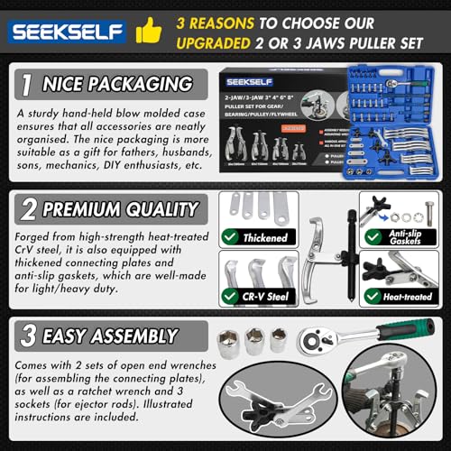 3" 4" 6" 8" Gear Puller Set, 2-Jaw/3-Jaw Bearing Puller Kit with Ratchet Wrench, Heavy Duty Pulling Tool, Reversible Jaw for Internal External Flywheel Gear Pulley Bearing Rotor Removal