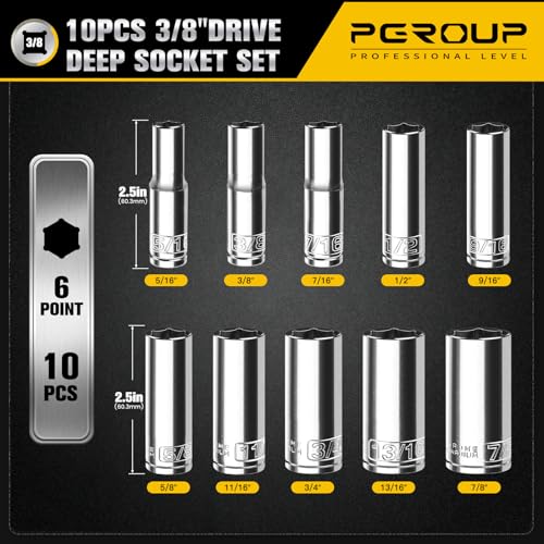 10PCS 3/8” Drive Deep Socket Set, SAE (5/16"-7/8"), 6-Point, Cr-V Steel, Chrome Plated Socket With Hanging Bracket, Cover Most Commonly Sizes - size: 3/8" SAE (5/16"-7/8")