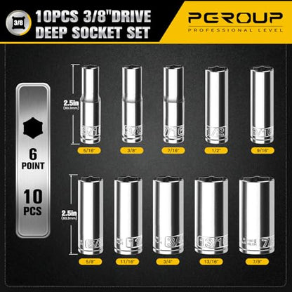 10PCS 3/8” Drive Deep Socket Set, SAE (5/16"-7/8"), 6-Point, Cr-V Steel, Chrome Plated Socket With Hanging Bracket, Cover Most Commonly Sizes - size: 3/8" SAE (5/16"-7/8")