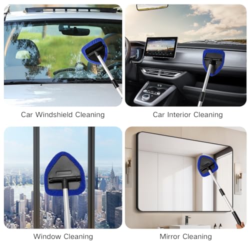 Qydipclin 7pcs Windshield Cleaner Tool Car Window Cleaning Wash Kit with 4 Reusable Microfiber Pads 1 Spray Bottle and Extendable Handle Auto Glass Wiper Kit, Blue - color: Blue
